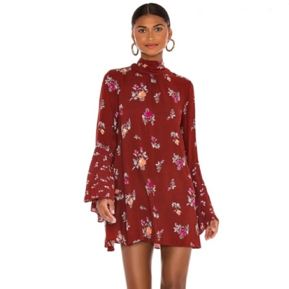 𝅺FREE People Tate Tunic Red Floral Mini Dress Size XS